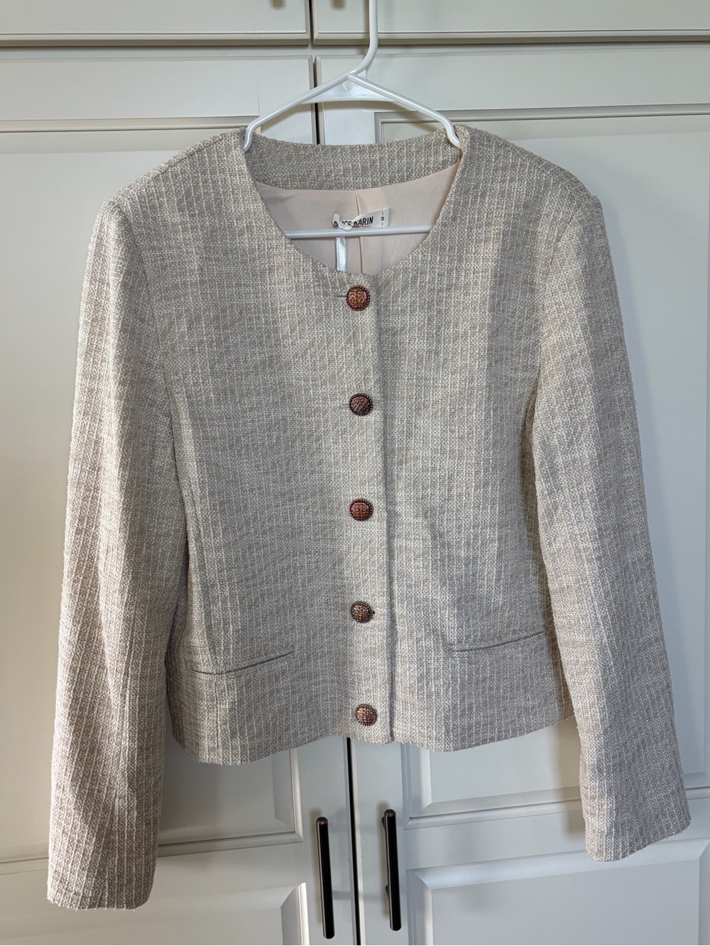 Grace Karin Beige/Cream Shimmer Tweed Chanel-Style Blazer Button Down Size M